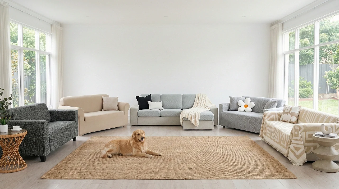 Best sofa covers Australia comparison showing different couch cover styles in modern Australian living room with pet dog