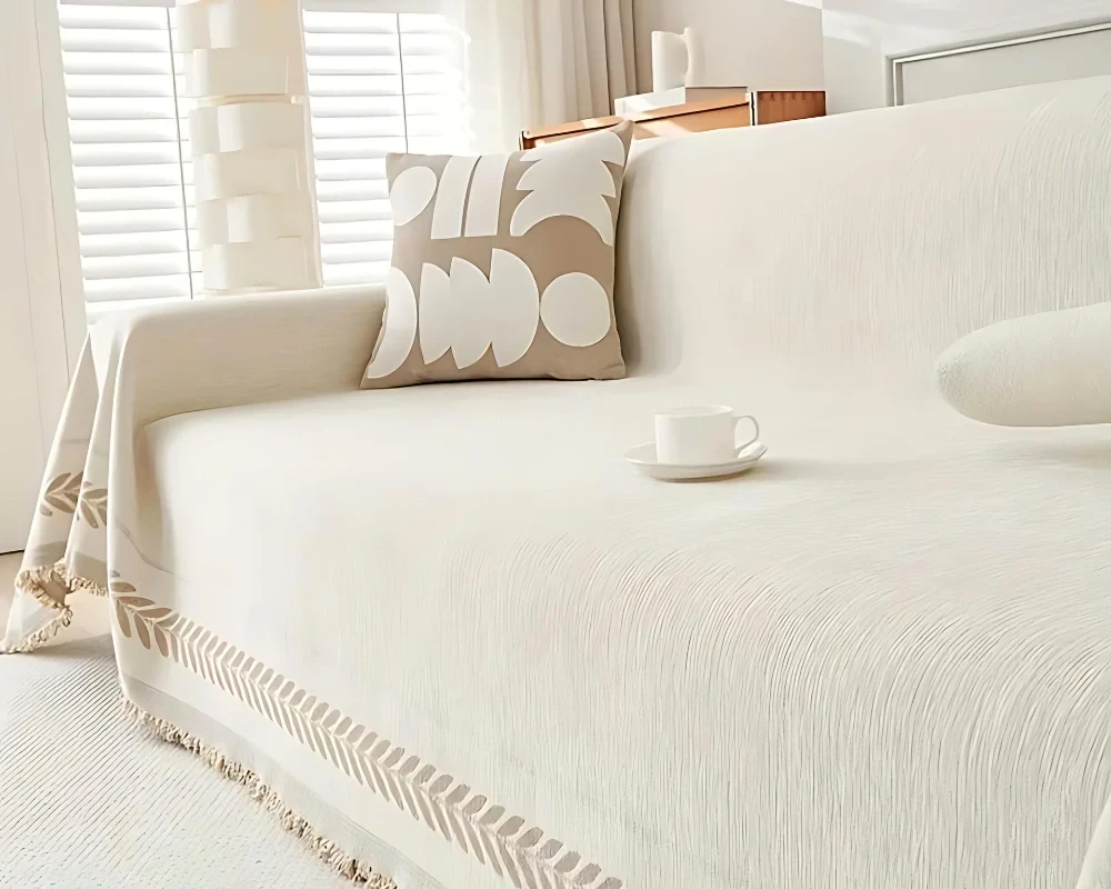 Best sofa blanket in white cream colour - Casa & Beyond minimalist couch cover with fringe detail