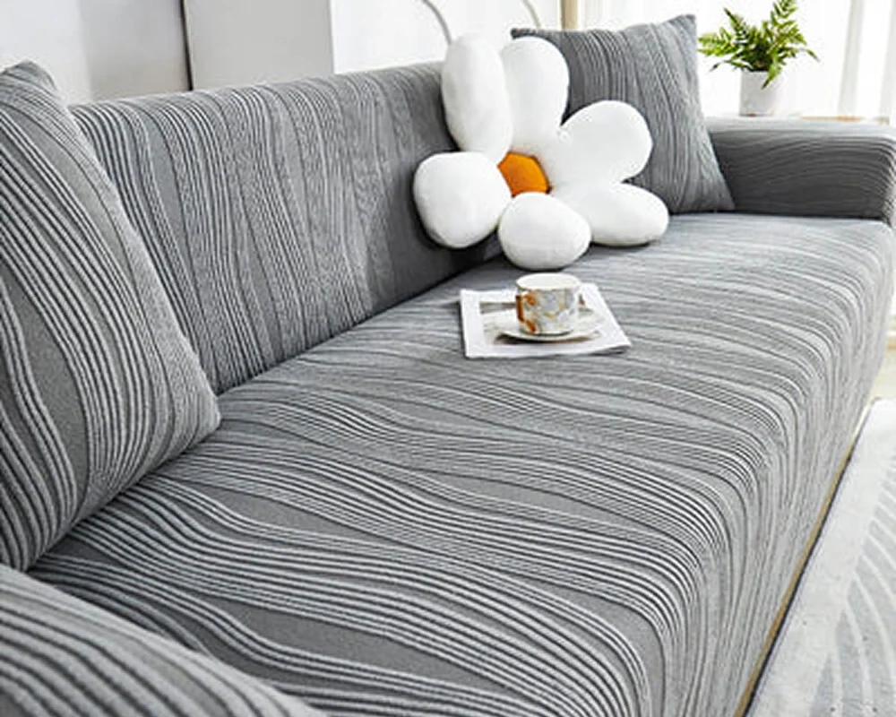 Best couch cover for pets in grey stripe pattern on sectional sofa - FunnyFuzzy couch cover alternative