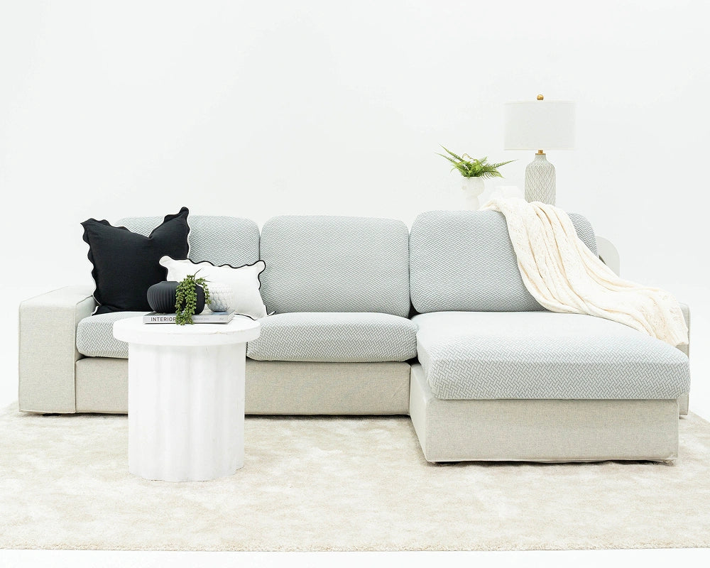 Couch Coats sofa cover alternative - grey L-shaped sectional couch with modern styling and chaise